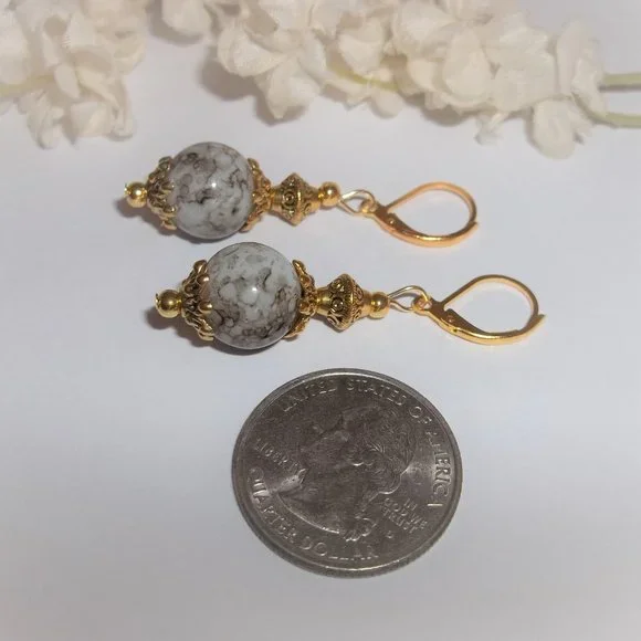 Gold Brown White Beaded Dangle Earrings Set Lever Back Gift Idea for Her 7134 - Picture 5 of 8